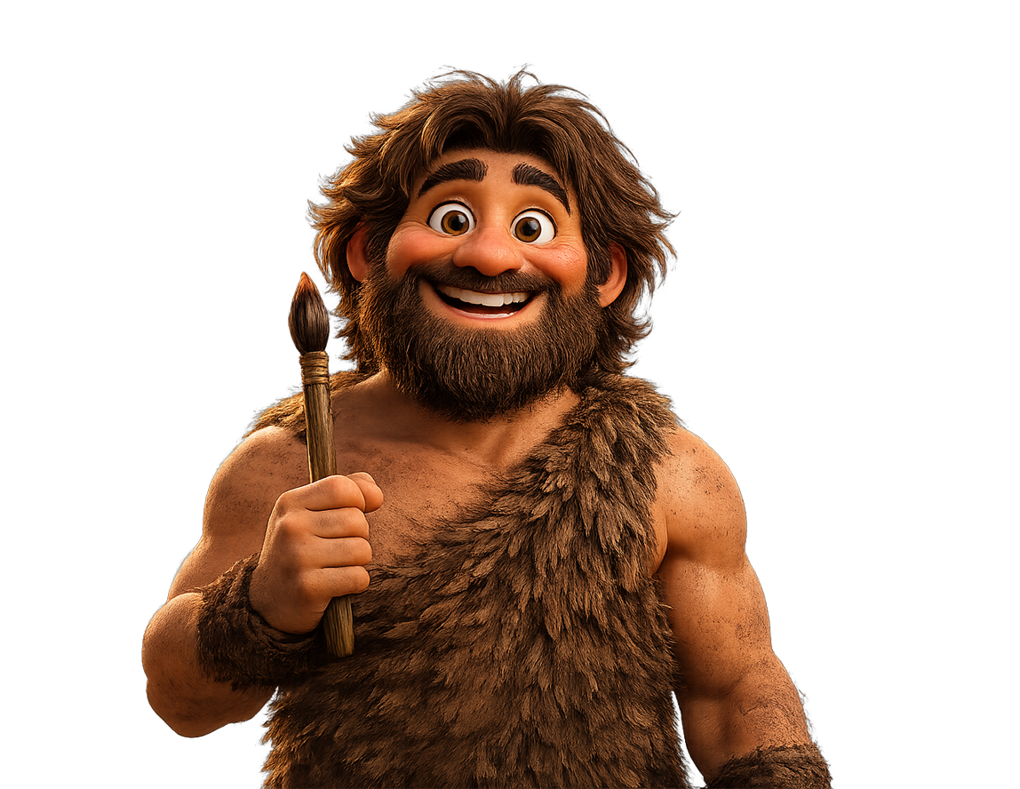 Smiling caveman artist holding paintbrush